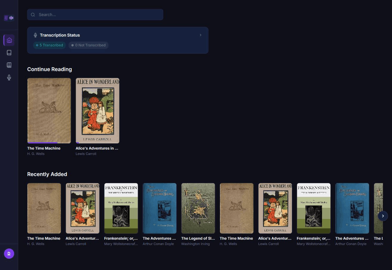 Web app home screen with continue reading
